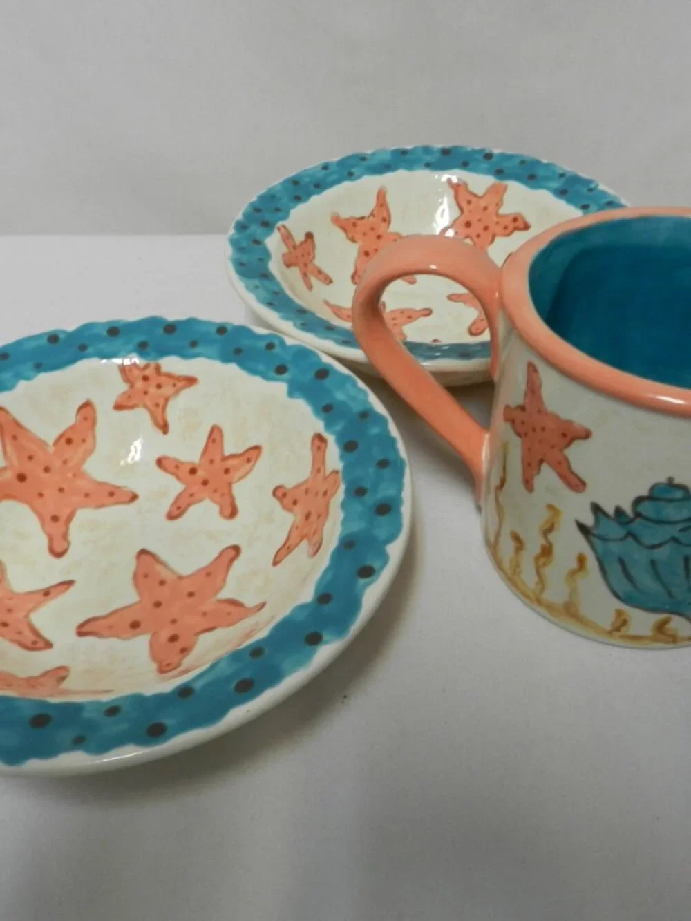 Barbara Walter & Safe Haven Studio Art Pottery Nautical Starfish 2 bowls mug